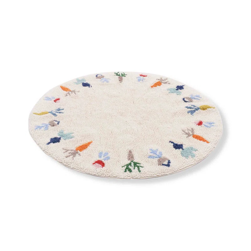 LOOMY Machine Washable Round Handwoven  Wool Area Rug in Beige/Orange/Blue