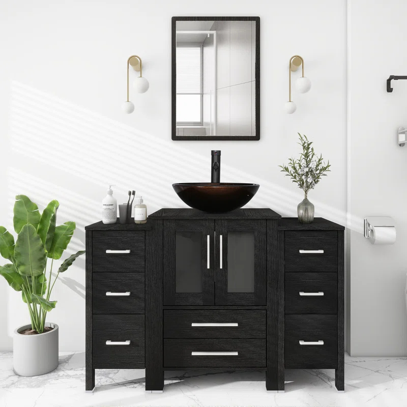 48" Single Bathroom Vanity Set with Glass Vessel Sink, Manufactured Wood Top, Water Saving Faucet