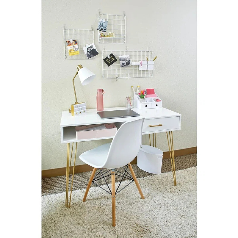 mDesign Metal/Wood Home Office Desk with Drawer, Hairpin Legs