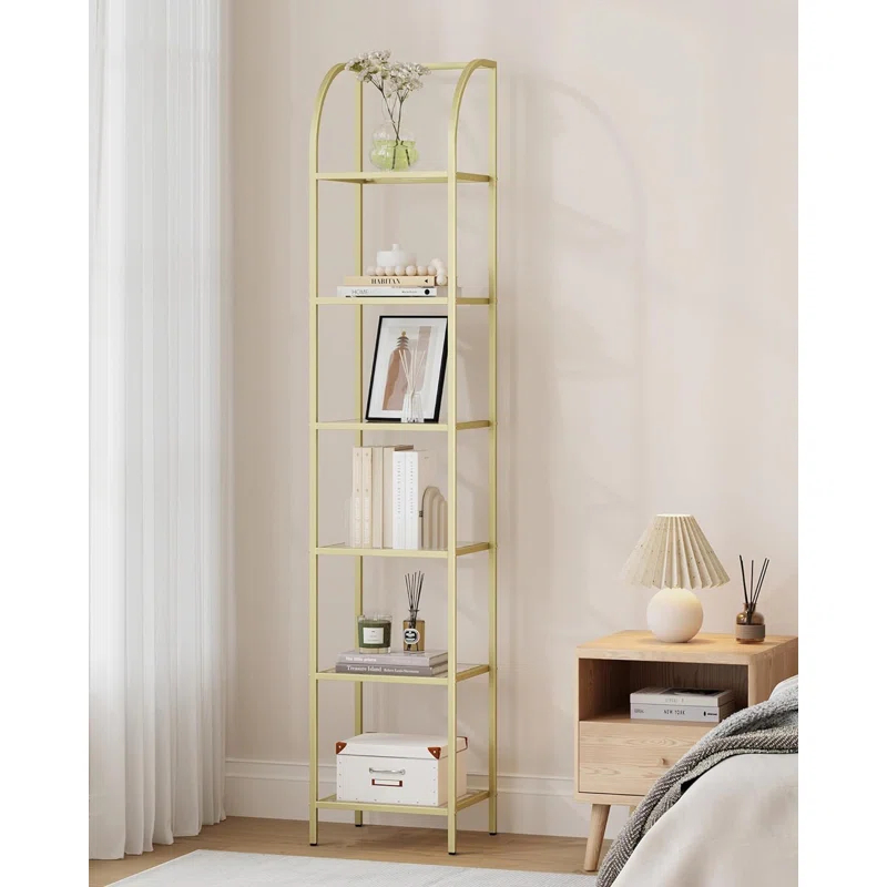 Mercer41 Bookcase Bookshelf, Tempered Glass Arched Bookshelf For More Storage, Slim Shelving Unit For Bedroom, Bathroom, Home Office, Steel Frame, 6 Tier Gold