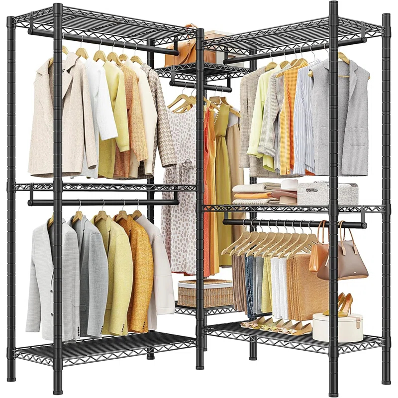 Rebrilliant Clothes Rack, 900LBS Heavy Duty Clothes Rack, Clothing Racks For Hanging Clothes, L Shaped Garment Rack For Corner Freestanding Wardrobe Closet Space Saver 74.5" W X 18" D X 77" H, Black