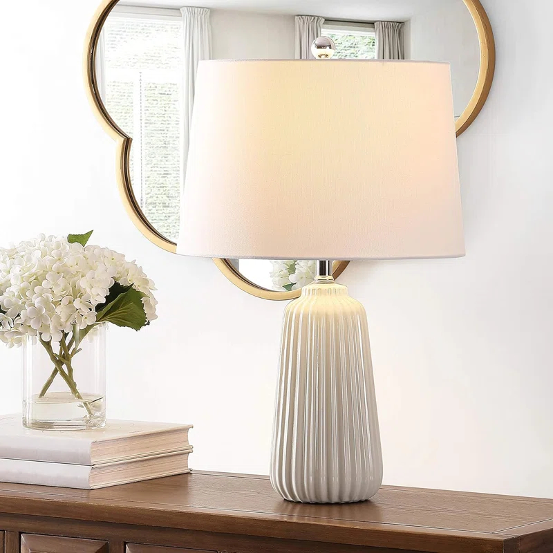 Wildon Home® Modern Ceramic Table Lamp With Led Bulb Included - Elegant Ivory Finish And Textured Design For Bedroom, Living Room, Or Home Office