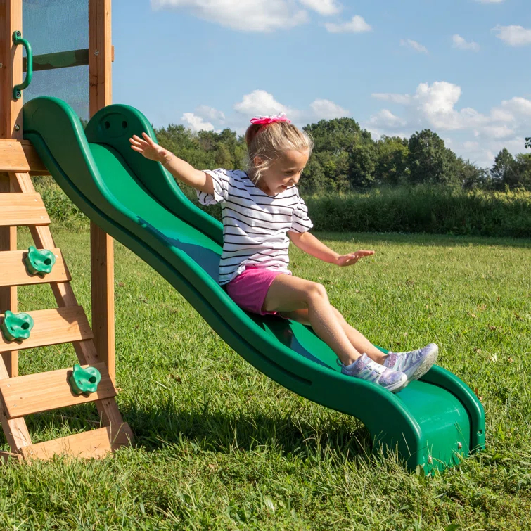 Backyard Discovery Buckley Hill Cedar Wood Swing Set with Wave Slide, Play Deck, Rock Wall Ladder, and Chalkboard & Reviews | Wayfair