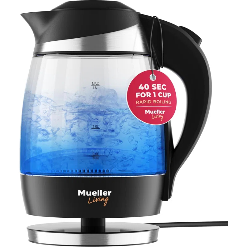 MuellerLiving Mueller Living Electric Kettle, Electric Tea Kettle for Boiling Water, 1500W SpeedBoil Teach Automatic Shutoff, 1.8L Cordless with LED Light, Borosilicate Glass Tea Kettle Pot Water Heater, BPA Free