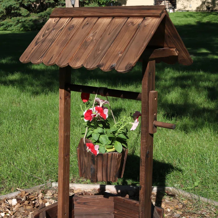 SunnyDaze Decor Wishing Well 24.5" x 22" x 45" Octagon Brown Wooden Outdoor Planter with Bucket