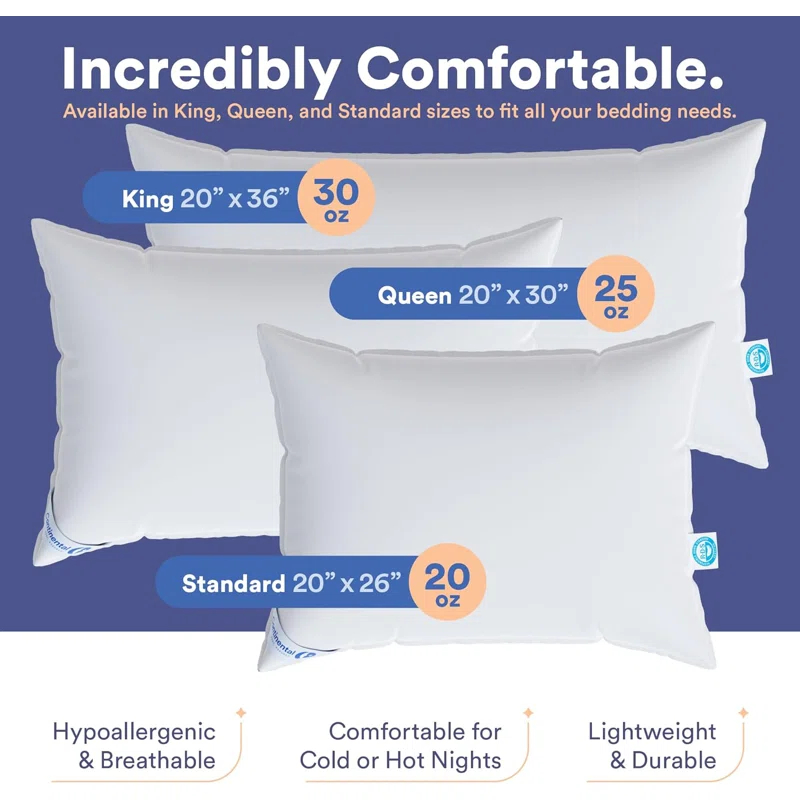 ContinentalBedding Continental Bedding Soft Luxury Down Pillows, Breathable Bed Pillows (Pack of 1)