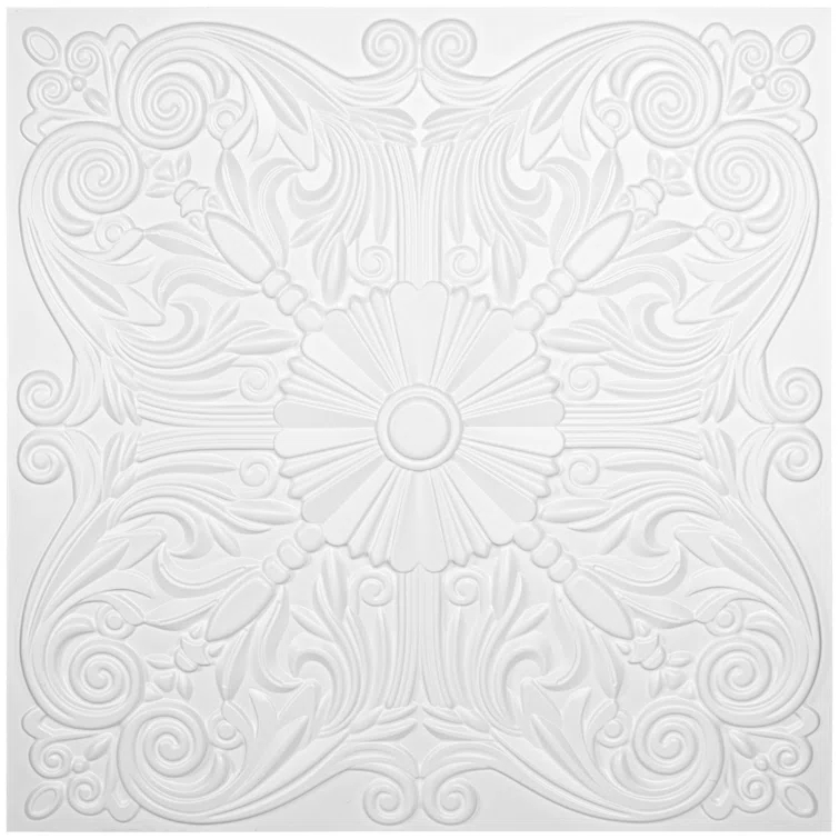 Art3d Art3d Decorative Ceiling Tile 2x2 Glue up, Lay in Ceiling Tile 24x24 Pack of 12pcs Spanish Floral in Matt White