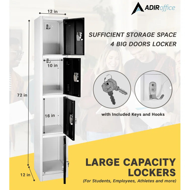 AdirOffice 12'' Wide Steel 4-Tier School and Gym Locker
