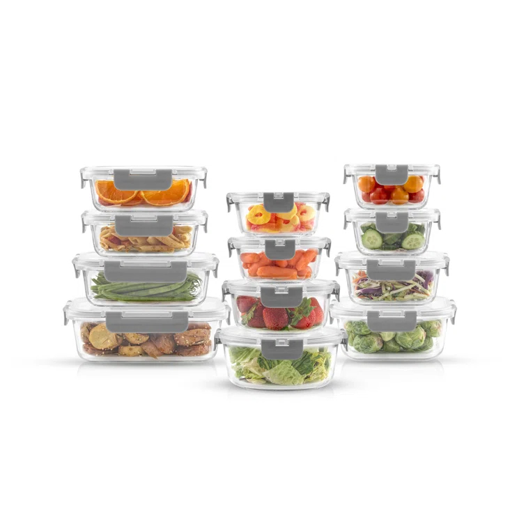 JoyJolt JoyJolt 24-Piece Glass Food Storage Container Set with Leakproof Lids, Light Grey (Set of 5)