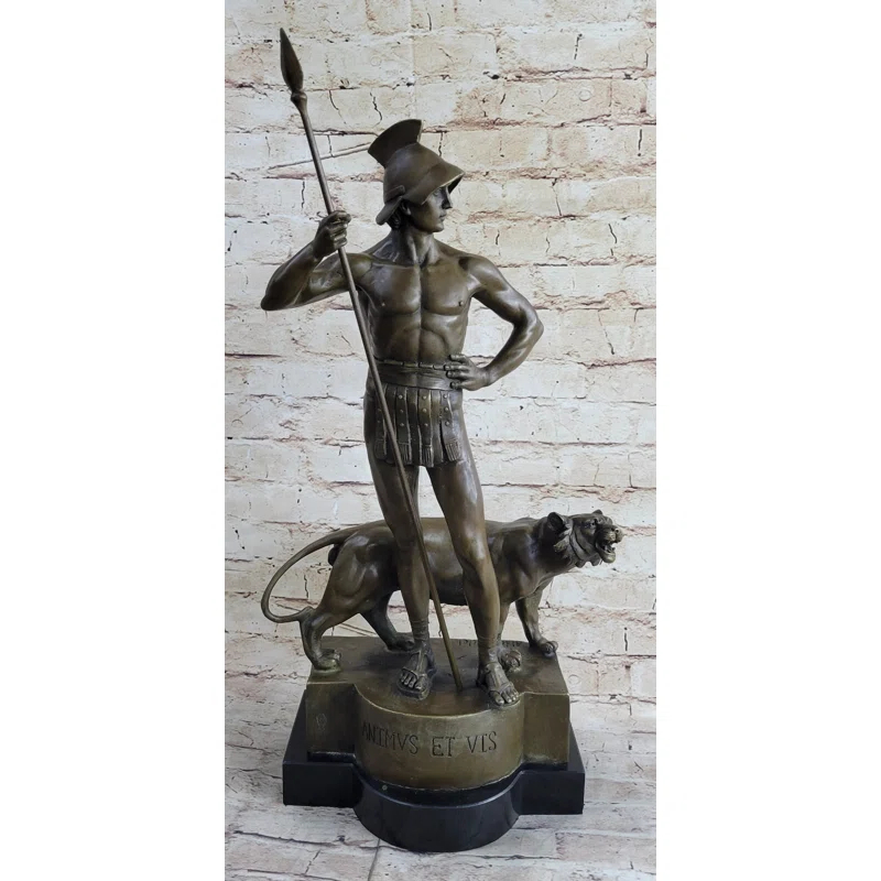Canora Grey Roman Gladiator Warrior  Lion Bronze Statue Sculpture Signed Original 20 Inches X 13 Inches