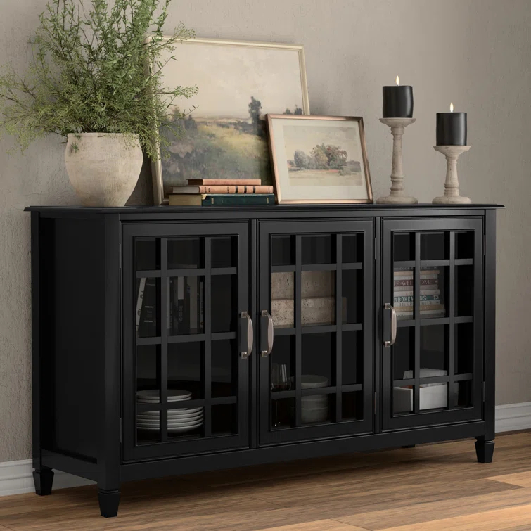 Simpli Home Connaught 60"W Solid Wood 3-Shelf Storage Cabinet Buffet with Glass Doors and Adjustable Shelves | Wayfair