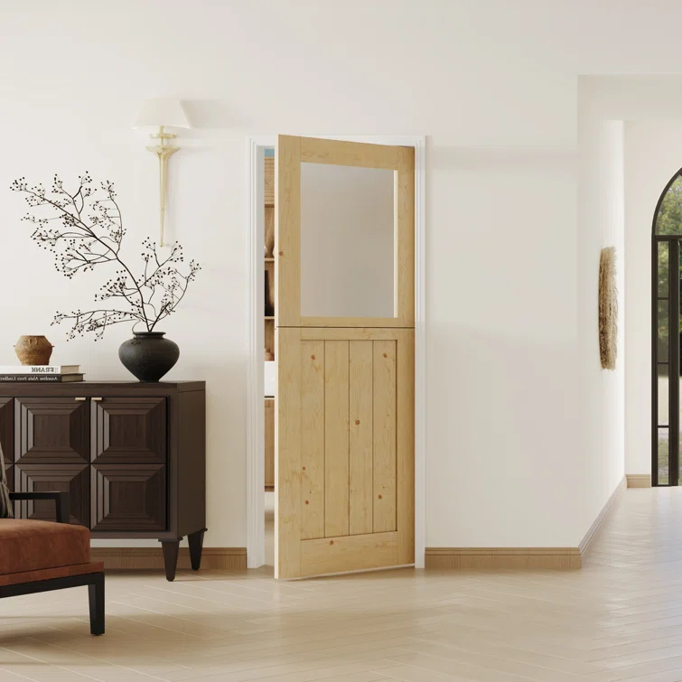 DOOOLI Dutch Door- Half Transpatent Glass+Natural Pine Wood Interior Door Prehung Slab Doors With Door Frame（No pre-drilled holes)