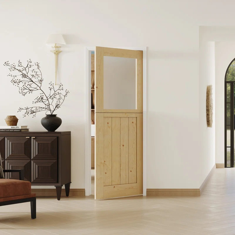 DOOOLI Dutch Door- Half Transpatent Glass+Natural Pine Wood Interior Door Prehung Slab Doors With Door Frame（No pre-drilled holes)