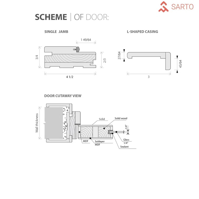 SARTODOORS Solid French Pre-Hung Door Frosted Glass | Quadro 4002 | Single Regular Panel Frame Trims Handle | Bathroom Bedroom Sturdy Doors