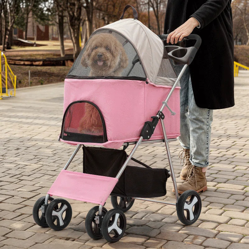 MoNiBloom Folding Pet Stroller, Foldable Dog Jogger Stroller with Detachable Carrier, Basket and Cup Holder