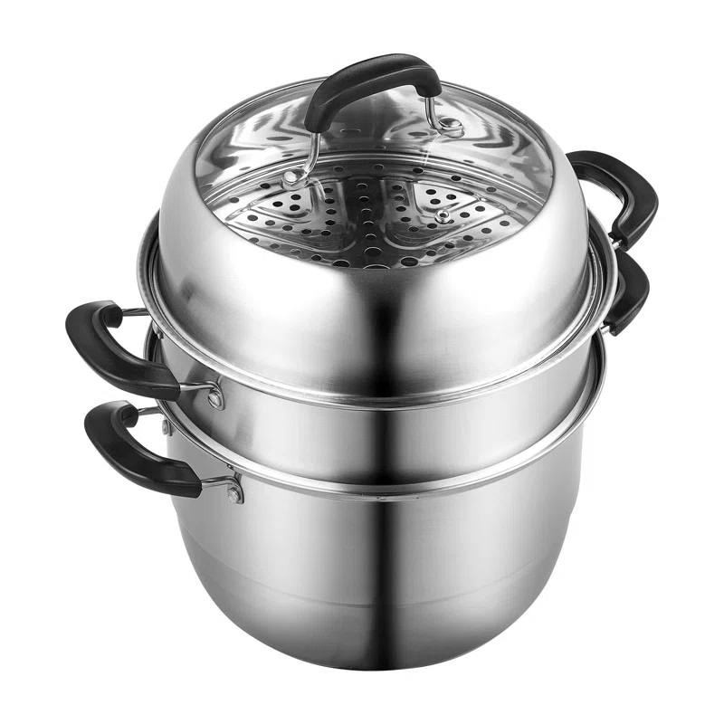 Stellweilan Tessberg Steamer Pot 11in/28cm, 3 Tier Steamer Pot for Cooking with 8.5QT Stock Pot, Vegetable Steamer & 2 Steaming Tray, Food-Grade 304 Stainless Steel Food Steamer Cookware for Gas Electric Stove Grill