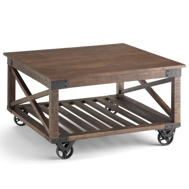 Simpli Home Harding 32"W Solid Mango Wood Industrial Square Coffee Table with Metal Accents, Open Shelf, and Iron Wheels