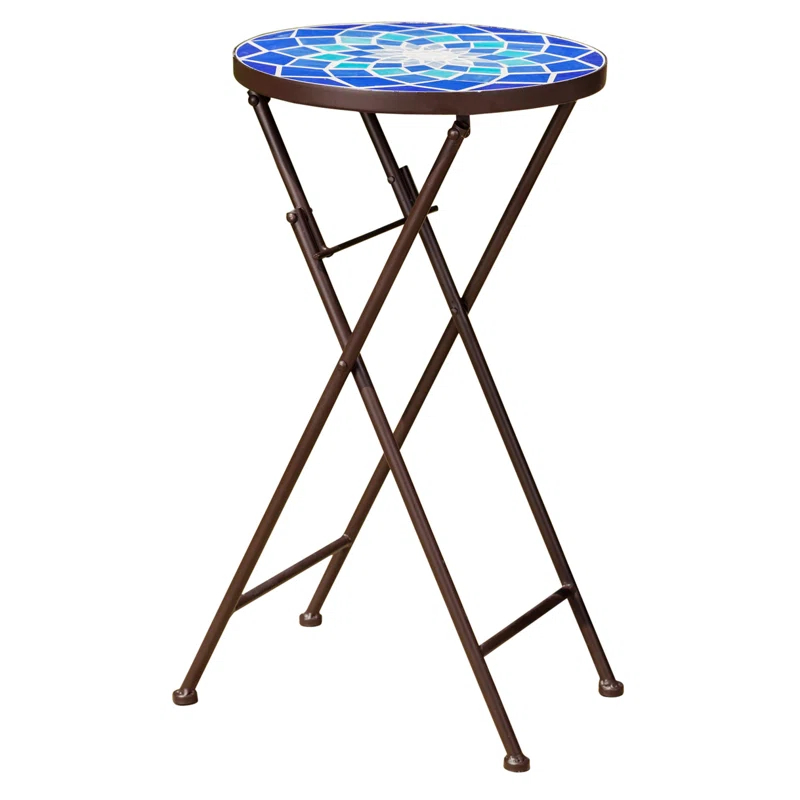 Fleur De Lis Living Folding Blue and White Top Side Table with Iron Frame, Multifunctional Plant or Beverage Stand