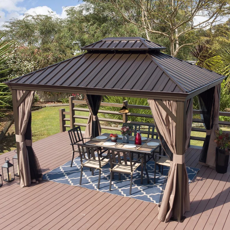 Arlmont & Co. Istref 10x12 Dark Brown Double Roof Hardtop Gazebo with Curtain and Mosquito Netting
