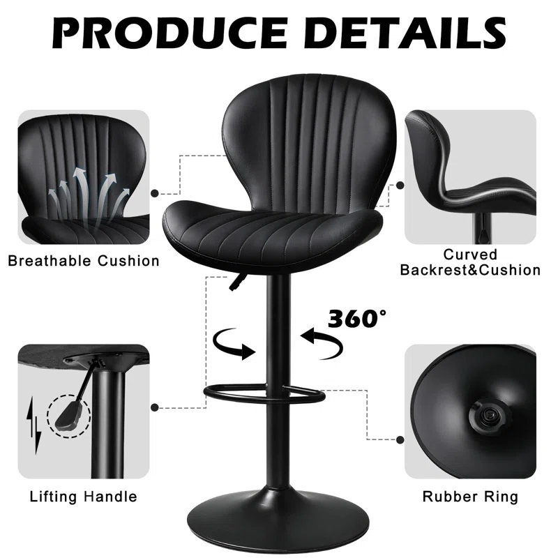 George Oliver Bar Stools Set Of 2,Adjustable Swivel Counter Height Bar Stools With Back & Footrest,Modern Design Bar Chairs,Faux Leather Upholstered Barstools For Bar,Kitchen,Dining Room (Black, Set Of 2)
