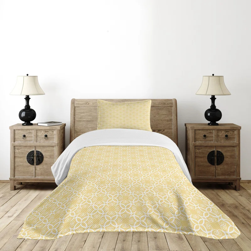 Ambesonne Ambesonne Yellow and White Bedspread Ornate Floral Pale Yellow White