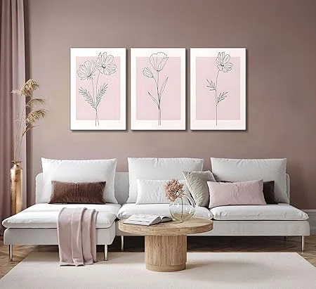 Lark Manor™ 3 Pieces Minimalism Botanical Canvas Wall Art Pink Flowers Line Plants Pictures Wall Decor Posters Print Artwork For Room Living Room Bedroom Bathroom Office Home Decoration