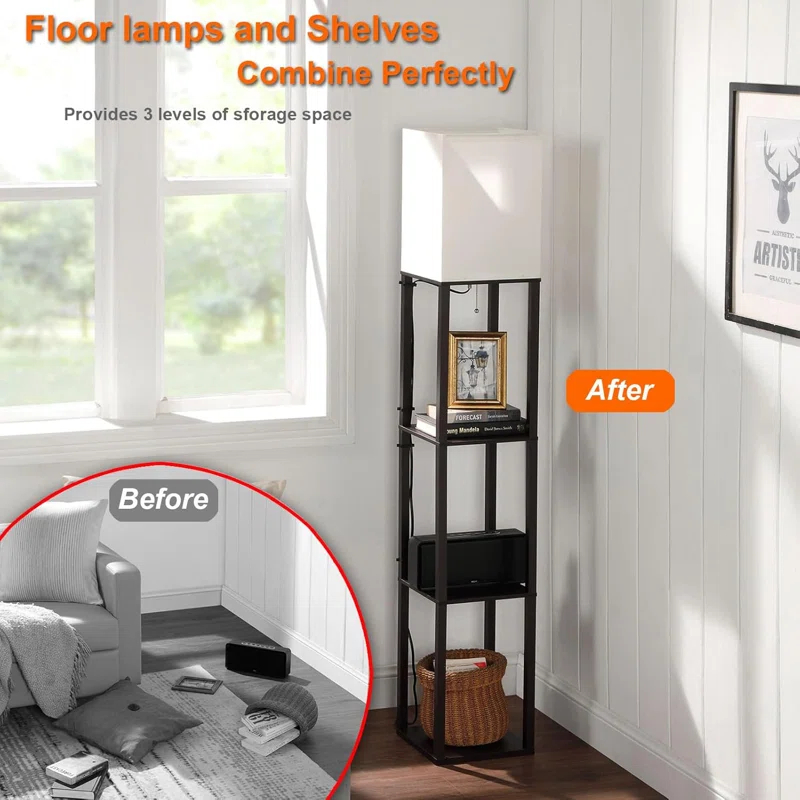 Latitude Run® Modern Corner Floor Lamp With 4-Tier Shelves, USB Charging Ports, Power Outlet & Drawer, Adjustable LED Light, Black Wooden Standing Lamp For Living Room, Bedroom, Office