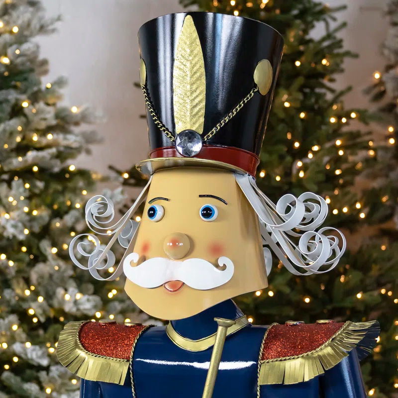 59" Tall Iron Christmas Blue Nutcracker Holding Trumpet "Harold"