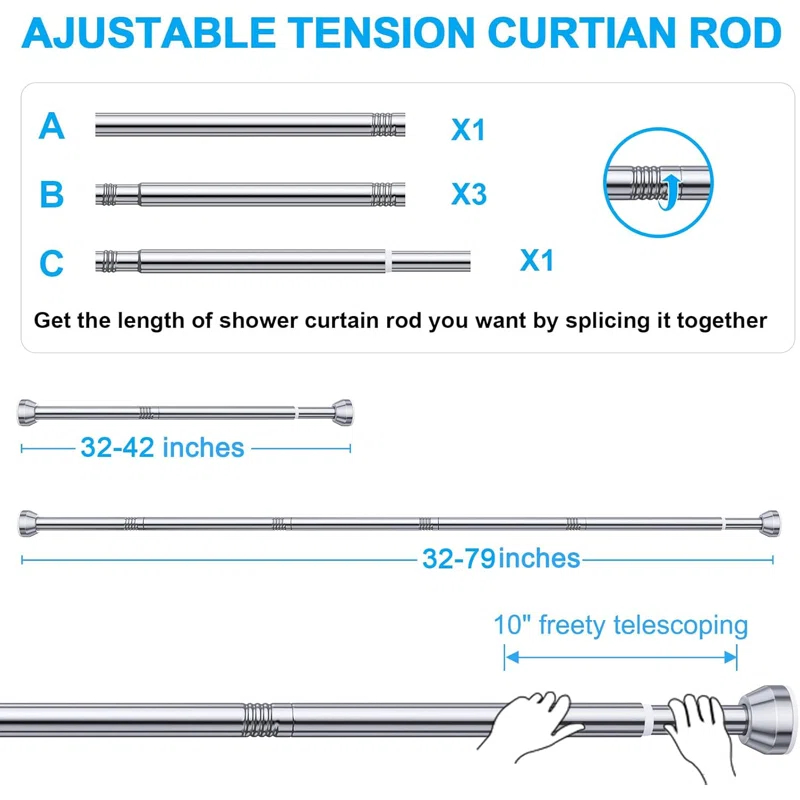 OUMIKEJI Shower Curtain Rod, 27-76 Inch Adjustable Tension Spring, Shower Curtain Rod Tension, Premium Stainless Steel, Anti-Slip, No Drilling, No Rust, For Bathroom, Silver