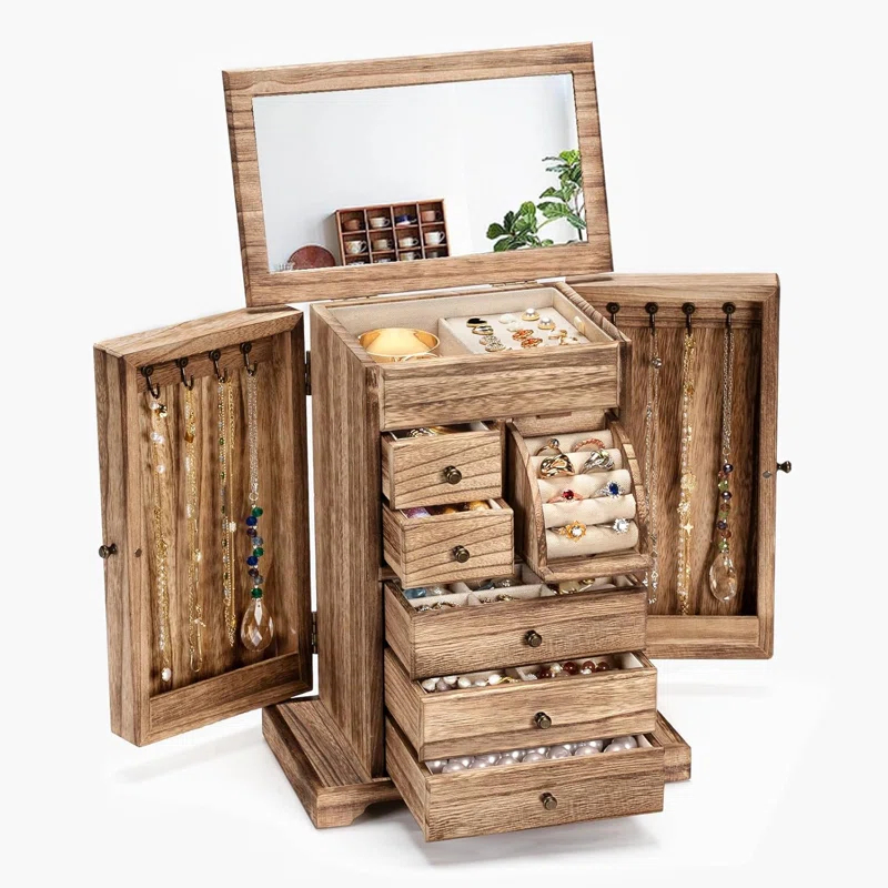 Loon Peak® Jewelry Box, Rustic Wooden Jewelry Boxes & Organizers With Mirror & Drawers,6 Layer Jewelry Organizer Box For Rings Earrings Necklaces Bracelets (Carbonized Black)