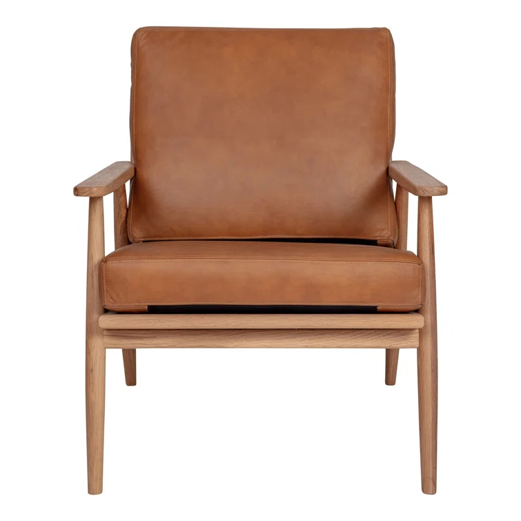 Harper Brown Leather and Oak Barrel Accent Chair