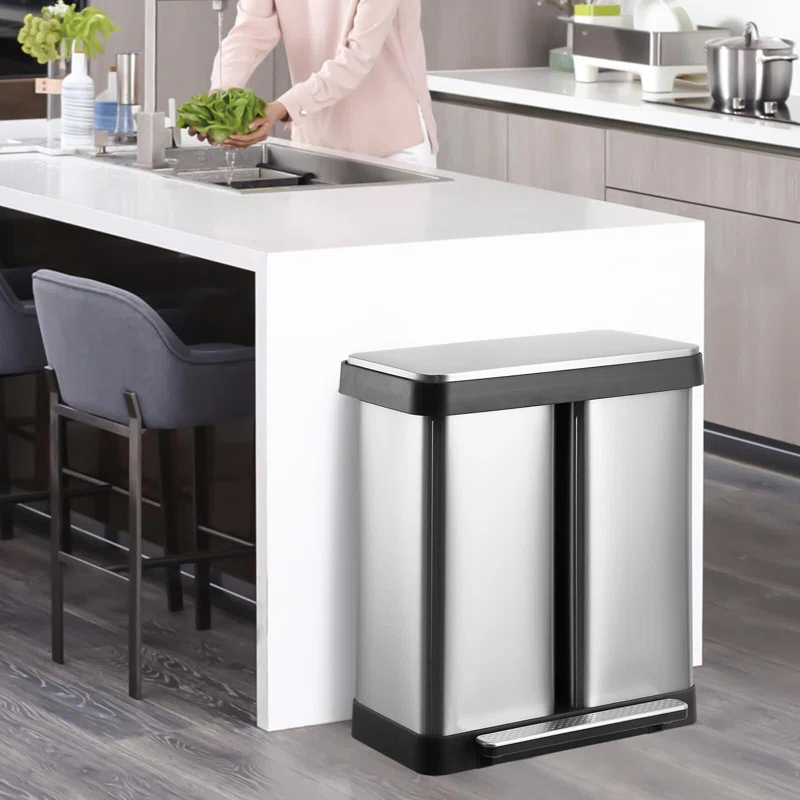 babevy 16 Gallon (30L+30L) Trash Can, Fingerprint Proof Stainless Steel Kitchen Garbage Can With Soft-Close Lid And 2 Removable Liner