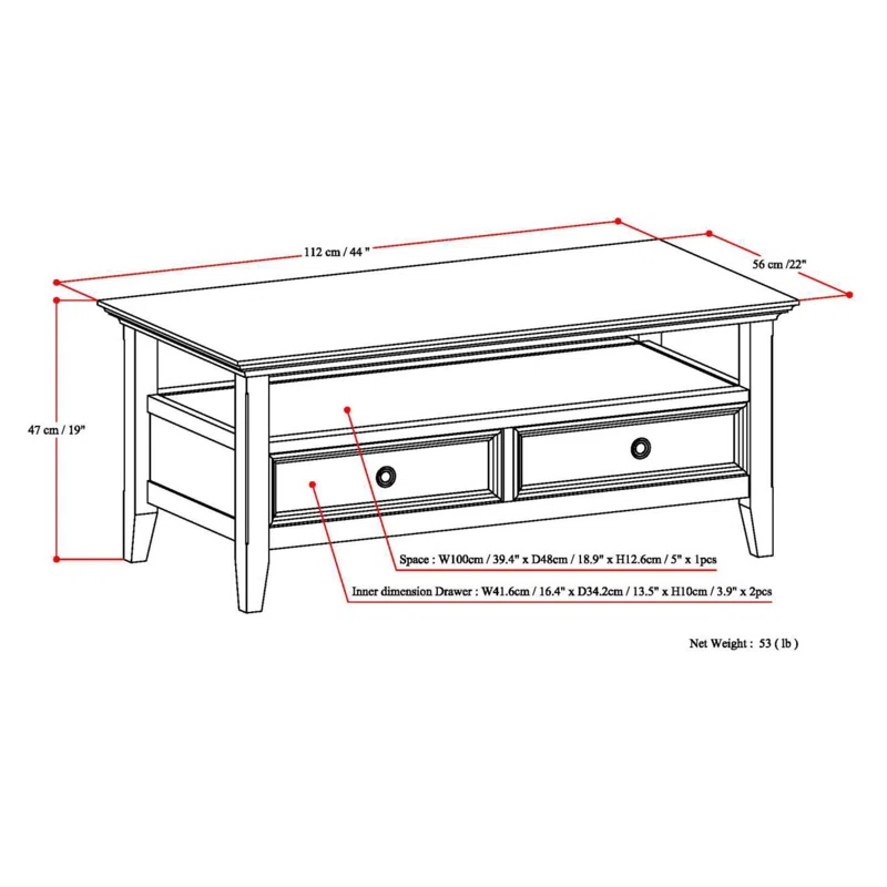 Simpli Home Amherst 44"W Solid Wood Transitional Coffee Table with Open Shelf and 2 Drawers