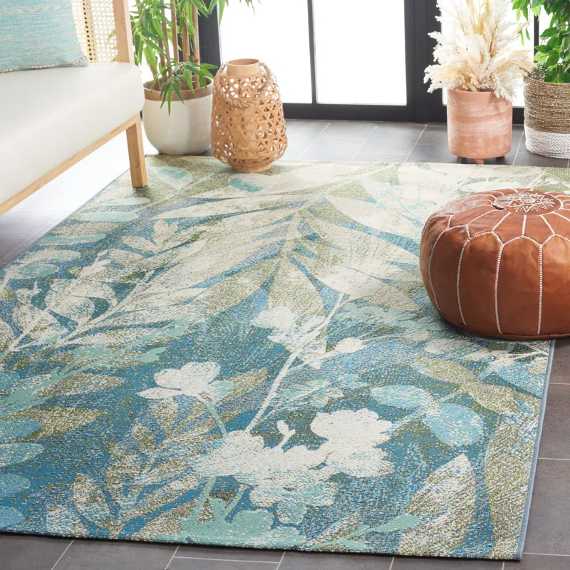 Lark Manor™ Aquia Floral Machine Woven Indoor / Outdoor Area Rug in Blue/Ivory