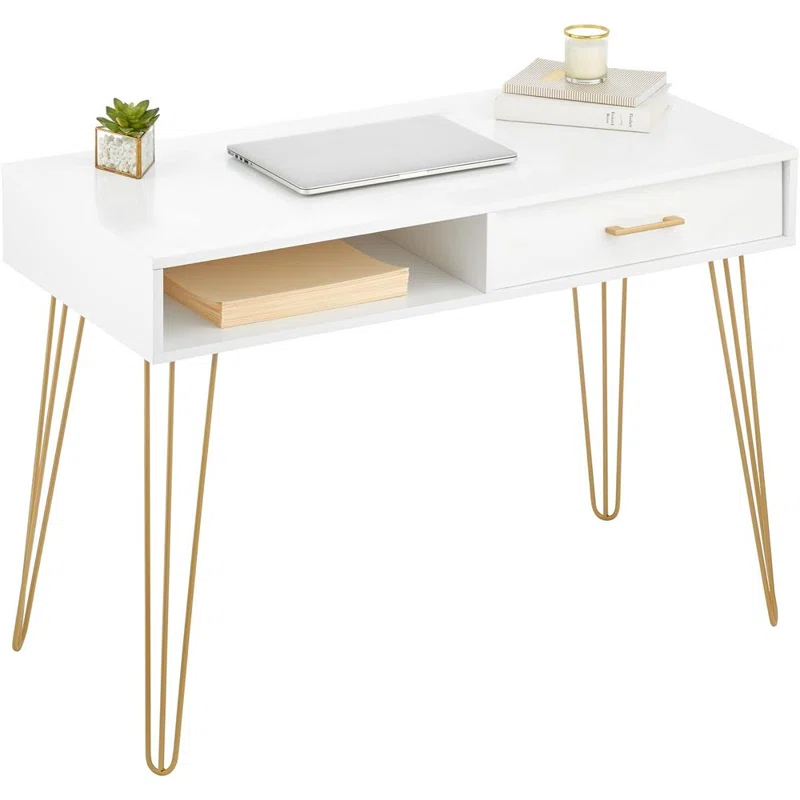 mDesign Metal/Wood Home Office Desk with Drawer, Hairpin Legs