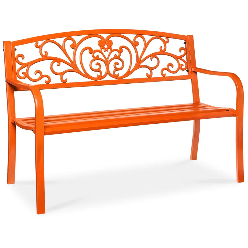 World Menagerie Outdoor Steel Bench with Floral Backrest & Slatted Seat, Marigold for Garden, Patio, Porch, Lawn, and Deck