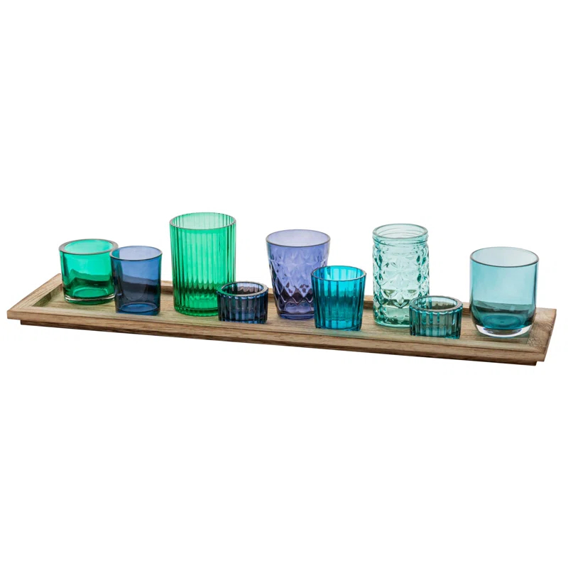 Joss & Main Sanderling Round Glass Votive Holders on Wood Tray