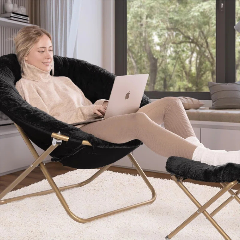 Milliard Cozy Faux Fur Saucer Chair X-Large with Footrest, Black