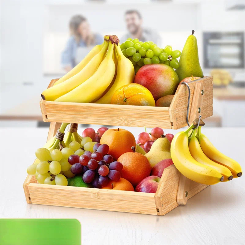Foundry Select Fruit Basket W/Banana Hanger, 2-Tier Bamboo Fruit & Vegetable Storage Organizer For Kitchen Counter, Lightweight & Easy Assembly Countertop Fruit Stand Holder Bowl