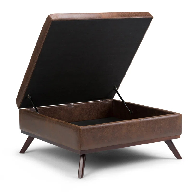 Simpli Home Owen 36"W Upholstered Square Coffee Table Storage Ottoman with Lift Top and Solid Wood Legs