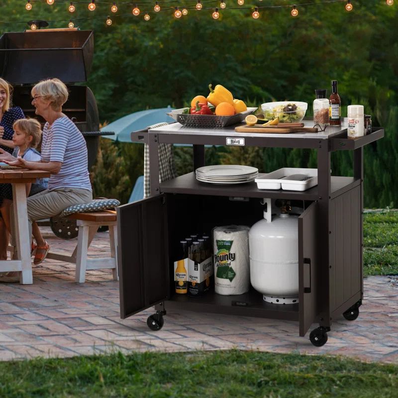 Feasto Feasto Outdoor Grill Cart with Stainless Steel Tabletop and Storage Cabinet, Movable Kitchen Island with Wheels for BBQ Food Prep