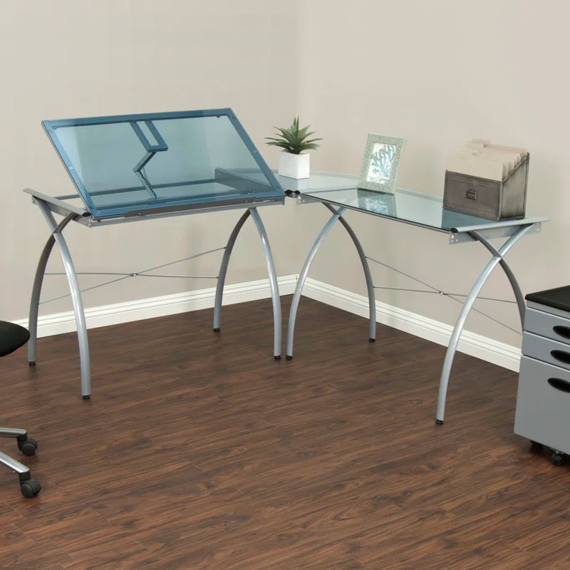 Inbox Zero Courson L-Shaped Glass Top Drafting Table