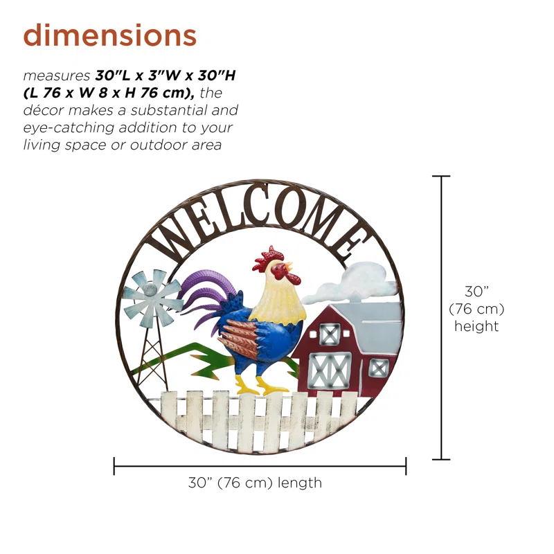 Alpine 30"H Large Round Rooster and Farm Welcome Wall Sign