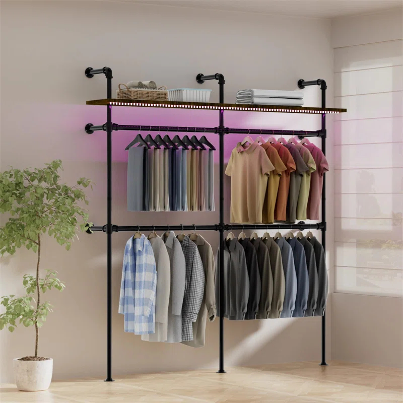 transparent.0 Industrial Pipe Hanger, Wall Mounted Industrial Hanger With LED Light And Shelf, Closet Hanger