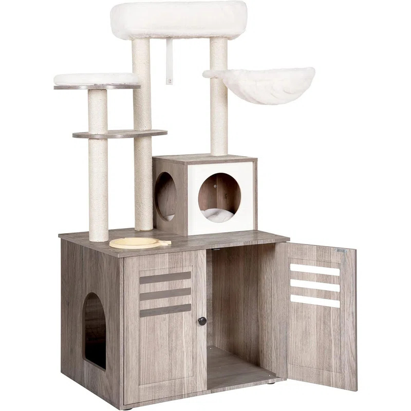 Wood Litter Box Enclosure with Food Station, All-in-one Indoor Cat Furniture with Large Platform and Condo