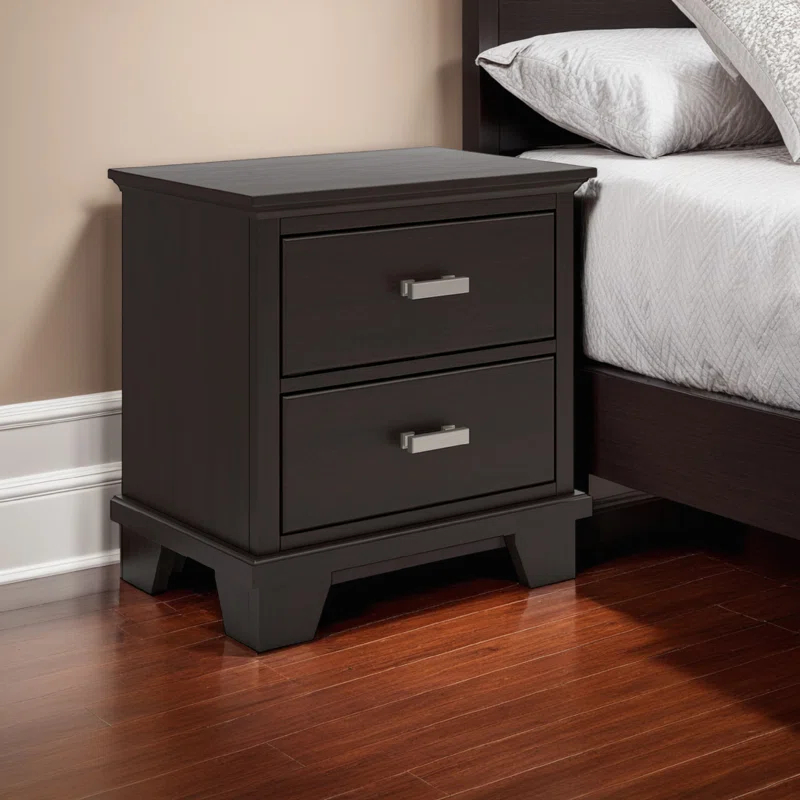Benjara Teno Nightstand, 2 Drawers, Nickel Handles, Dark Brown Solid Hardwood
