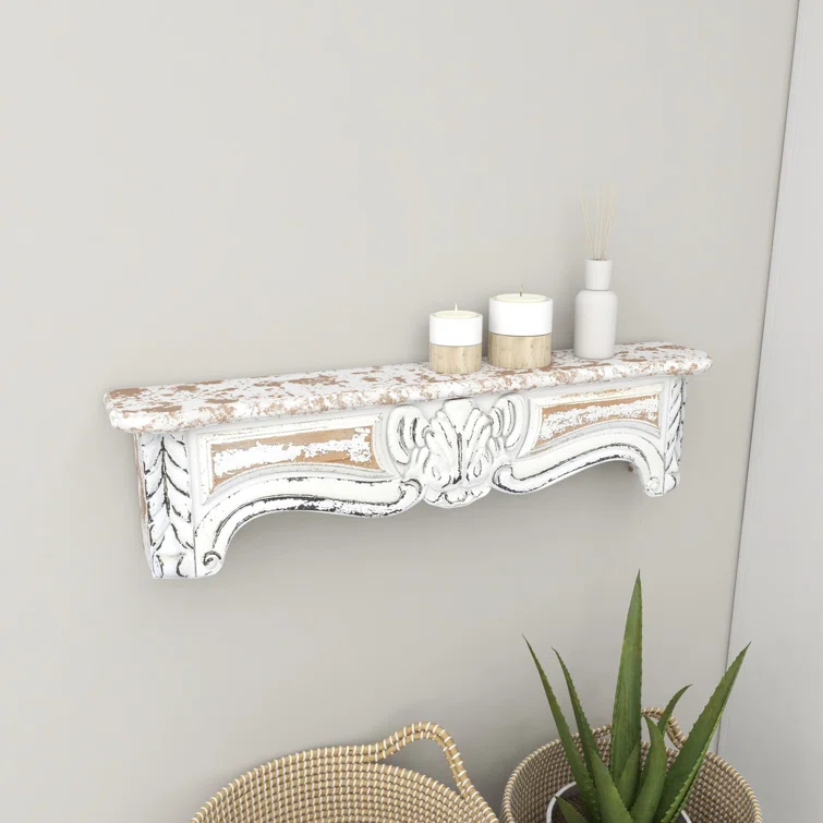 One Allium Way® Goodland White Wood 1 Shelf Scroll Wall Shelf 36" x 6" x 9"