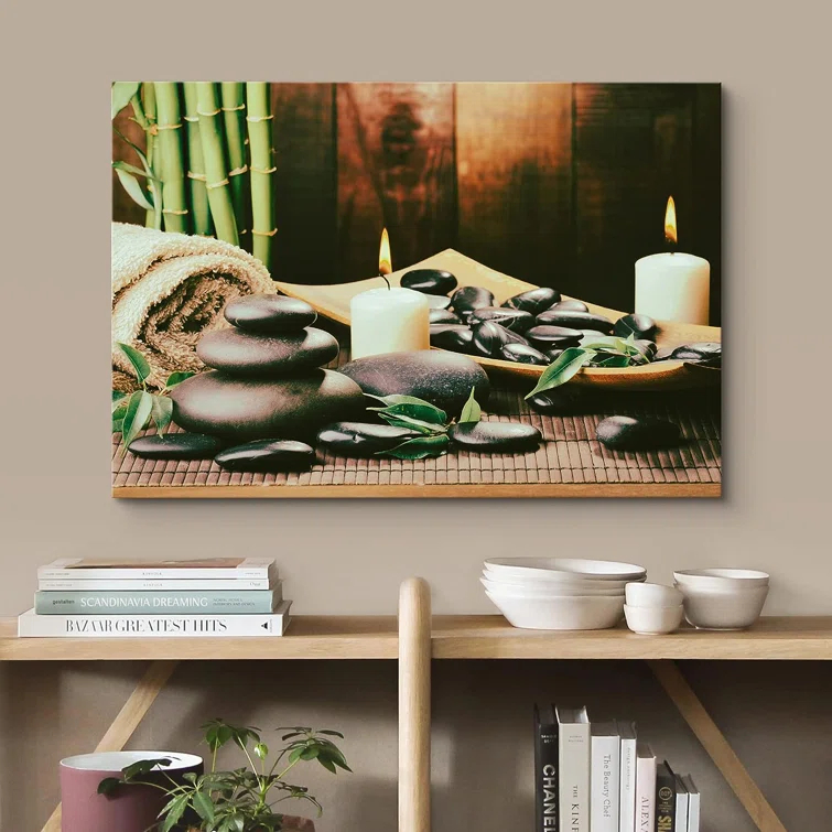IDEA4WALL Zen Stones Meditation Yoga Towel Bamboo Massage Stones Nature Wilderness On Canvas Print