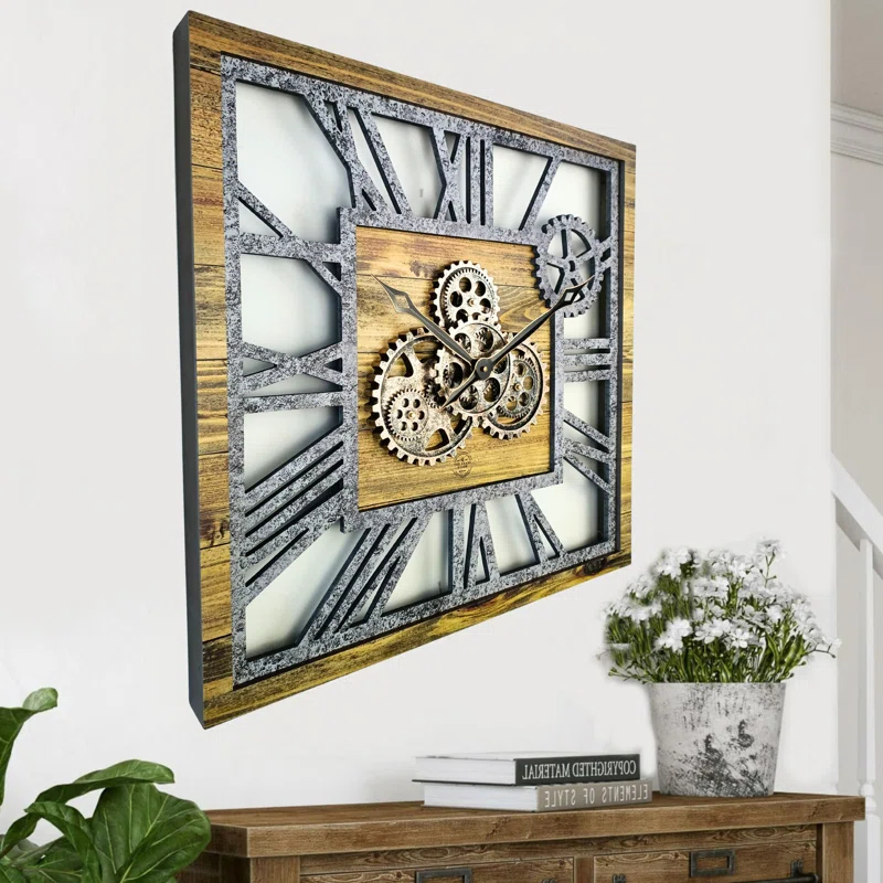 Wall Clock 24" Square Oversized for Living Room decor with Real Moving Gears America Collection