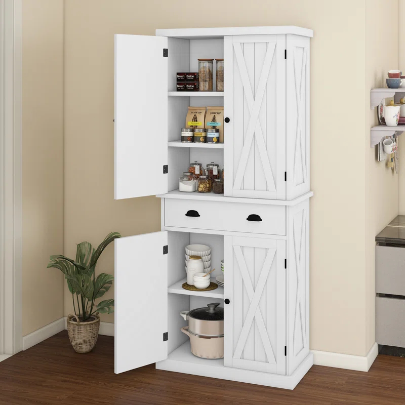 Gracie Oaks Sneyd 72" H Wood Farmhouse Kitchen Pantry Cabinet with Adjustable Shelves & Drawer
